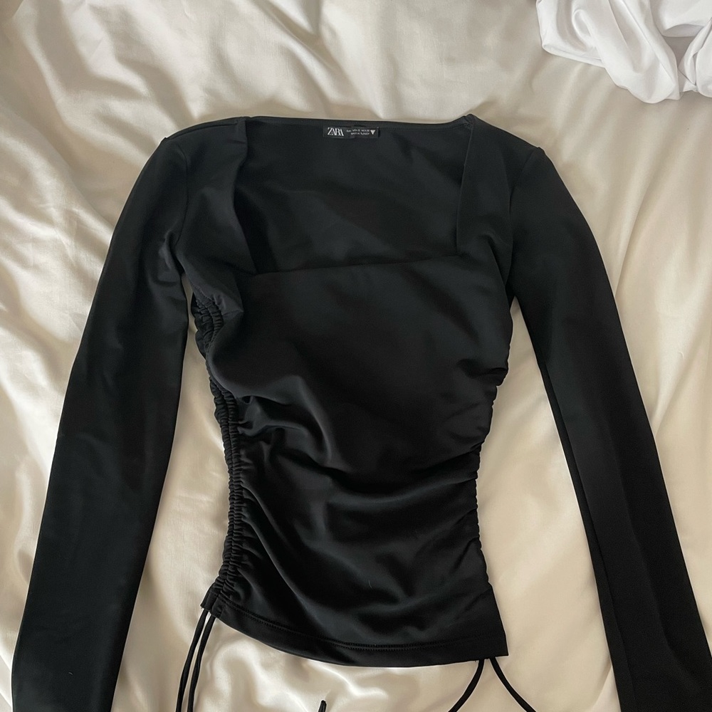 Black long sleeve square neck ruched Zara long sleeve top